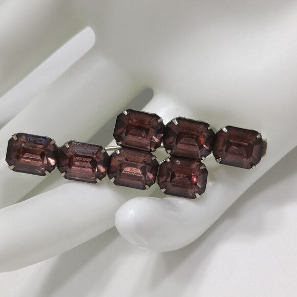 Antique Art Deco Purple Glass Double Bar Brooch, Prong Set, C Clasp, 1920s - Picture 4 of 10
